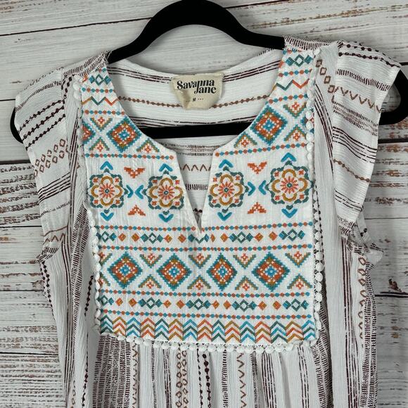 Womens Savanna Jane White Teal Southwest Embroidered Boho Flowy Cap Sleeve Top M - Picture 1 of 5